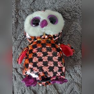 Ty Beanie Boo Checks Flippables Sequin Owl Plush in Pink, Orange & Black